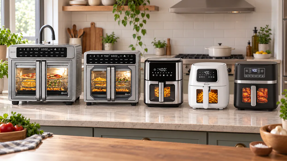 Five Kitchen Elite air fryers from the 5 qt basket to the 26 qt French door oven lined up on a family kitchen counter, sized next to each other