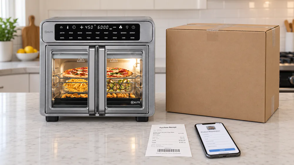 A Kitchen Elite air fryer box on a kitchen counter next to a printed receipt and a phone showing a product registration page