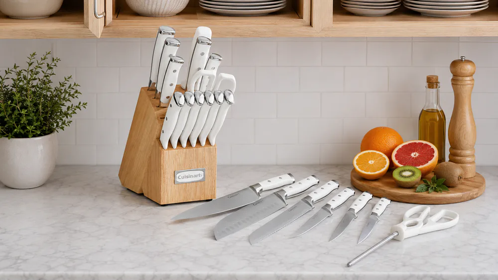The Cuisinart 15-Piece knife block sitting on a counter beneath open upper cabinets, steak knives visible in their slots.