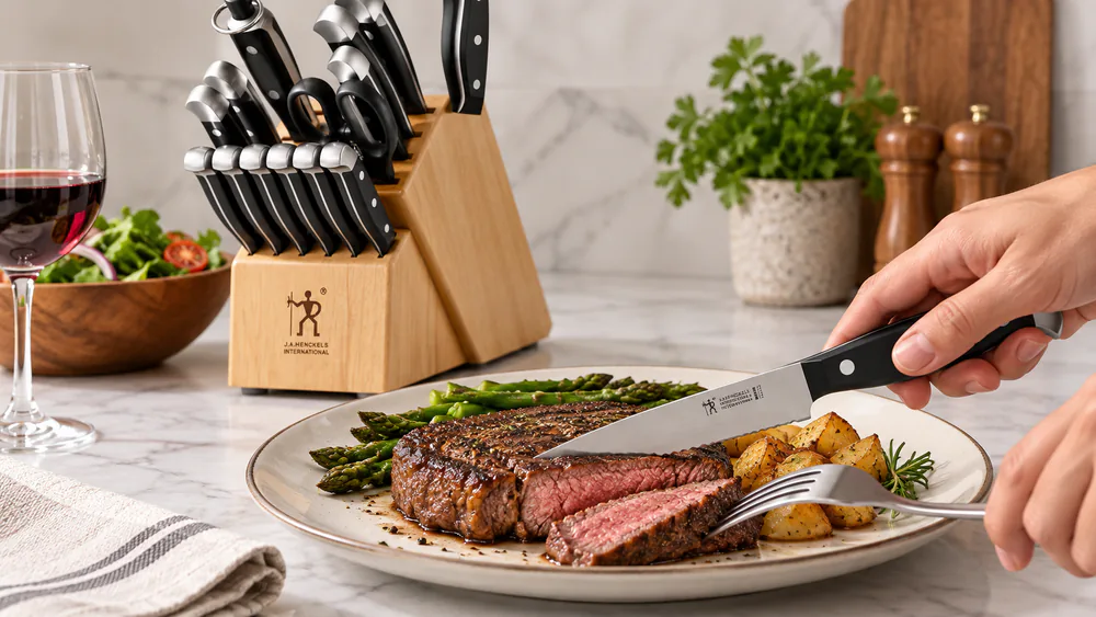 A plated steak being sliced with a J.A. Henckels Statement steak knife on a dinner plate, the knife block visible in the background.
