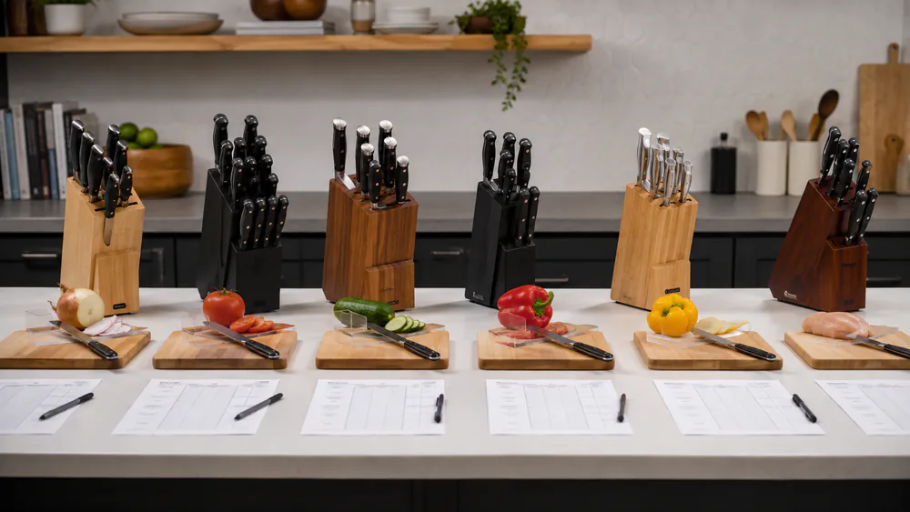 Nine kitchen knife sets lined up on a test kitchen bench with onions, tomatoes, bread loaves, and steak on cutting boards at various stages of prep.