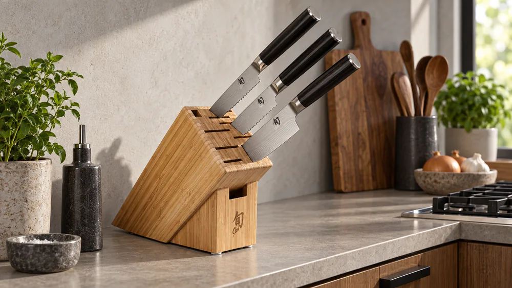 The Material magnetic wooden stand holding the three knives on a narrow kitchen counter, visible from the side with knives pulled up and out.