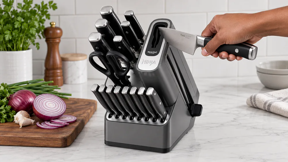 A hand pulling a Ninja NeverDull chef's knife through the built-in sharpener slot on the front of the storage block.