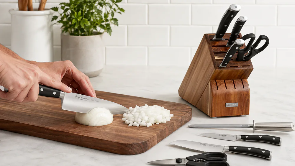 A Wüsthof Classic Ikon chef's knife slicing a large onion on a wooden board in a test kitchen, diced onion pieces beside it.