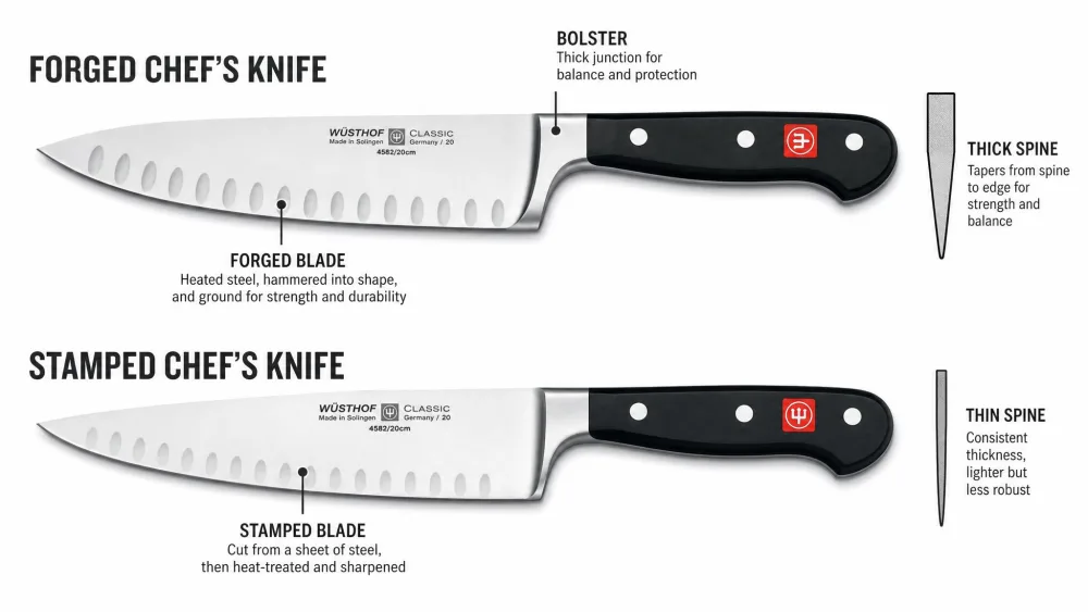 A forged chef's knife with a visible bolster next to a stamped blade, showing the construction difference.