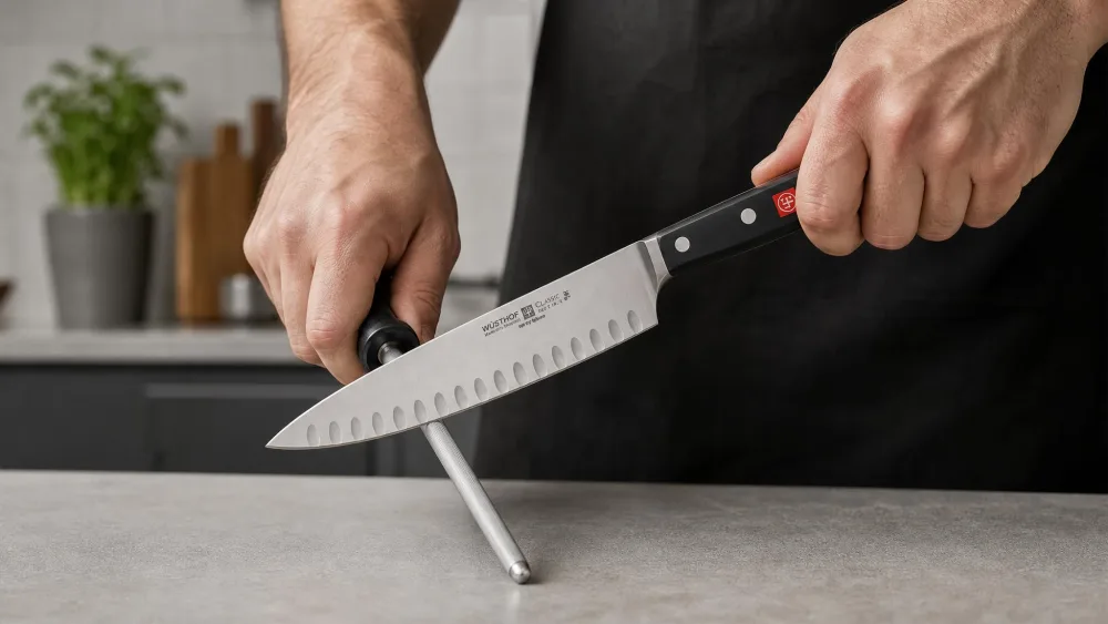 A chef's knife being honed with a steel rod at a low angle over a kitchen counter.