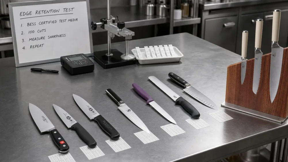 A row of chef's knives laid out on a stainless prep table during edge-retention testing.
