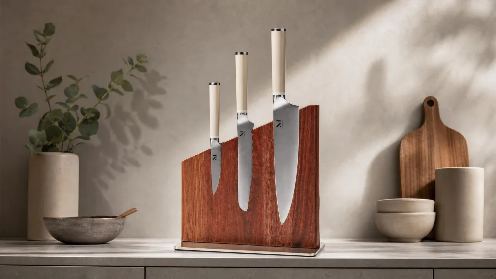 The Material three-knife set standing in its walnut magnetic block.