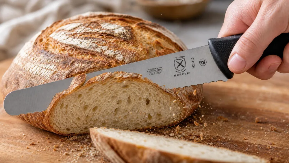 A Mercer Millennia 10-inch bread knife sawing through a crusty sourdough loaf.