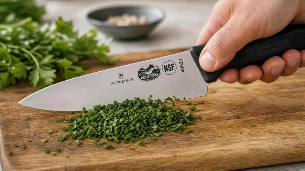 A Victorinox Fibrox Pro chef's knife mincing herbs on a wooden board.