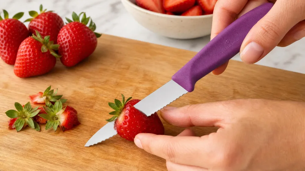 A Victorinox Swiss Classic paring knife trimming strawberries.