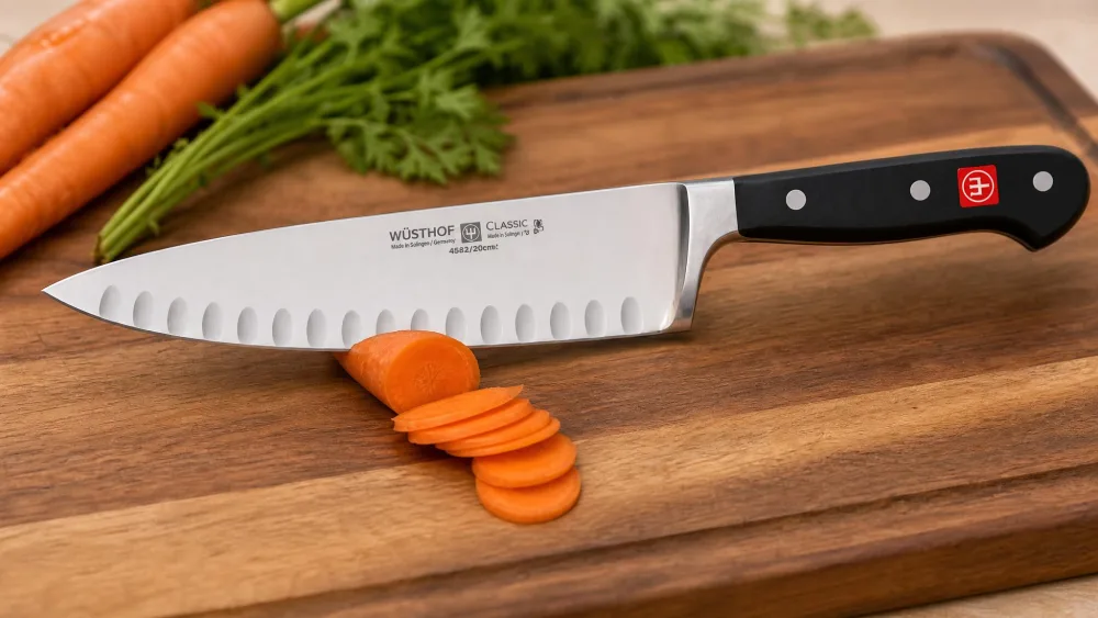 A Wüsthof Classic 8-inch chef's knife slicing a carrot on a wooden board.