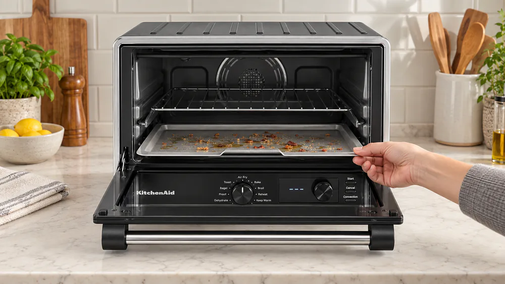 A hand sliding out the shallow removable crumb tray from a KitchenAid countertop oven, showing bacon grease and crumbs collected in it