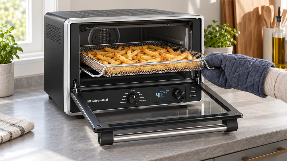 A KitchenAid countertop oven with its no-flip air fry basket pulled out and a pound of golden frozen fries inside, door open on a kitchen counter
