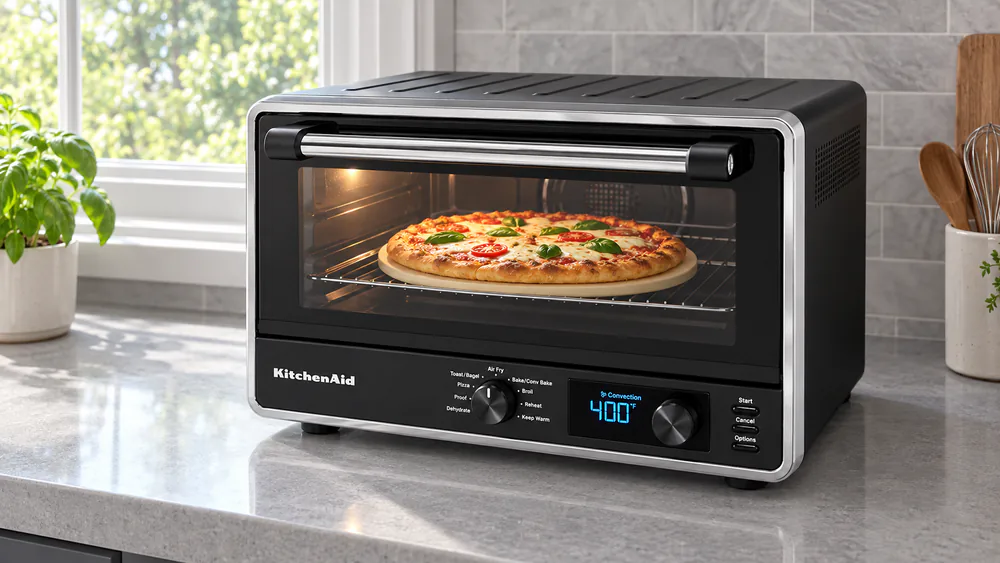 A 12-inch pizza on the included stone inside a KitchenAid KCO128 countertop oven, crust browning under the interior light