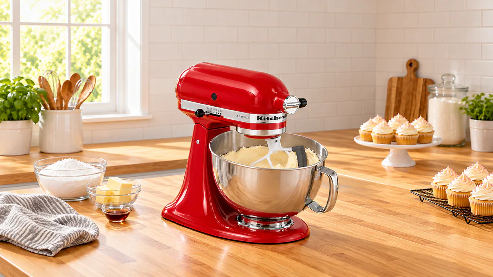 A Flex Edge beater in a stand mixer bowl of buttercream with the silicone edge touching the bowl wall and very little frosting stuck to the side