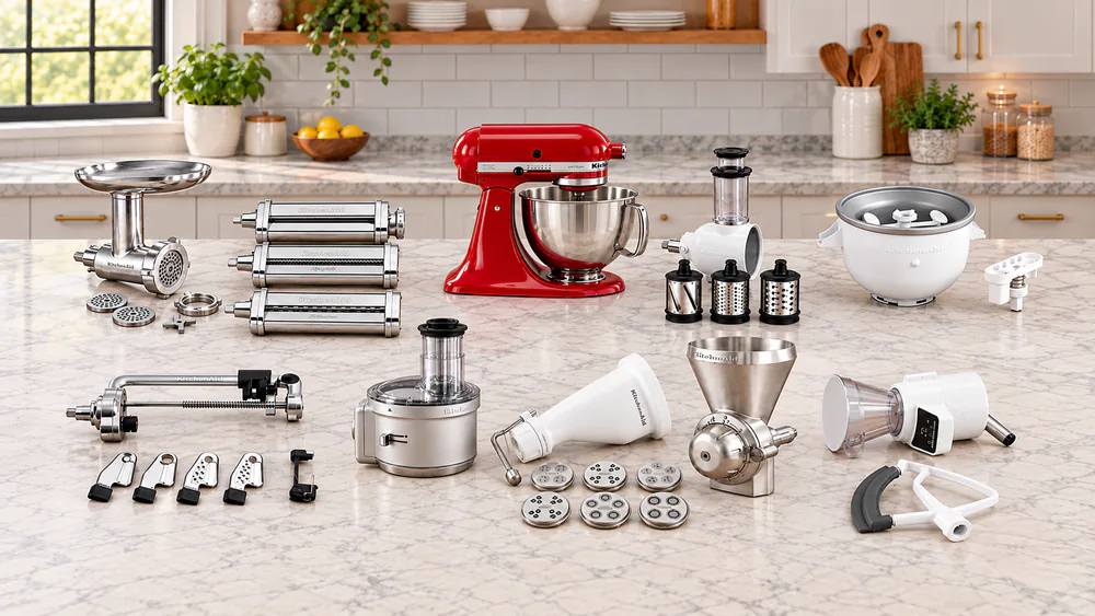 Several KitchenAid attachments, including the pasta roller, grinder and slicer/shredder, laid out on a busy family kitchen counter beside a tilt-head stand mixer