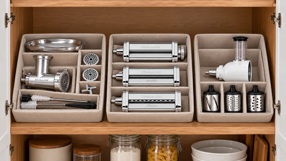 Several KitchenAid attachments stored in their cases on a pantry shelf, with the grinder plates and cleaning brushes organized in the storage case
