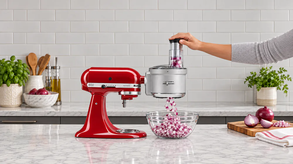 The KitchenAid food processor attachment on a stand mixer with its wide feed tube and an ExactSlice lever, diced onions collected in a separate bowl below the outlet