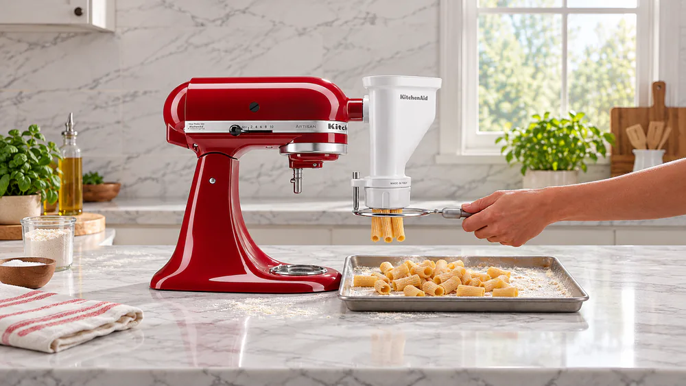 The KitchenAid gourmet pasta press attached to a stand mixer extruding rigatoni with the built-in wire cutter trimming the pieces over a floured tray
