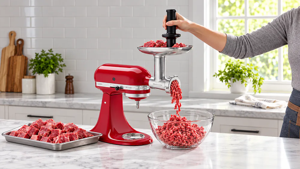 The KitchenAid metal food grinder attached to a stand mixer with a tray of chilled, cubed chuck roll beside it and ground beef coming out of the face plate