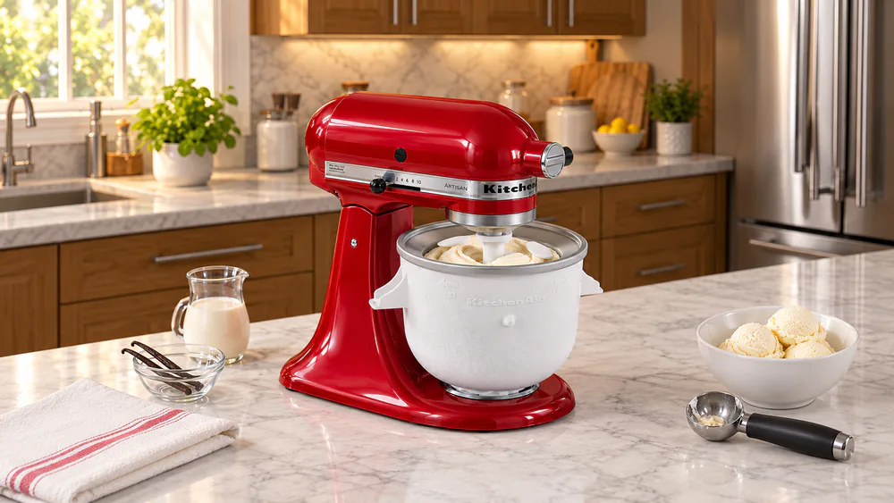 The KitchenAid ice cream maker bowl and dasher attached to a stand mixer churning a batch of vanilla ice cream, with the frozen bowl showing frost on the outside