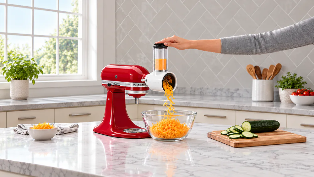 The KitchenAid Fresh Prep slicer/shredder attached to a stand mixer shredding a block of cheddar into a large bowl, with sliced cucumbers on a cutting board