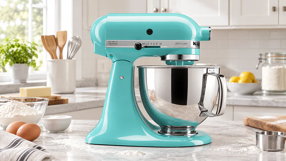 A glossy blue-green Aqua Sky KitchenAid Artisan stand mixer on a counter in front of white cabinets with a light flour dusting on the surface