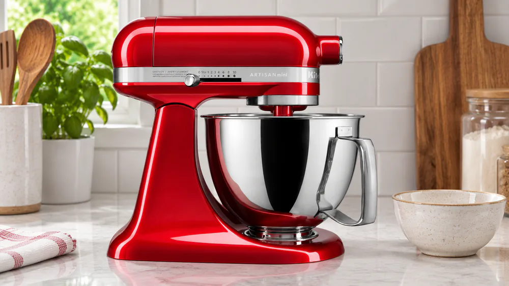 A metallic Candy Apple Red KitchenAid Artisan Mini 3.5-quart stand mixer on a compact kitchen counter next to a small mixing bowl
