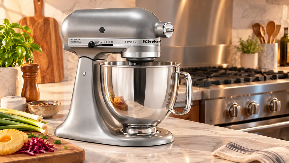 A metallic-look Contour Silver KitchenAid Artisan stand mixer on a counter beside a stainless steel range and hood