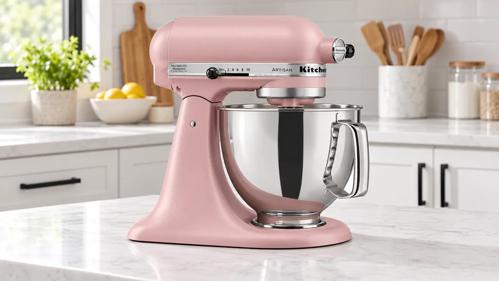 A matte dusty pink Dried Rose KitchenAid Artisan stand mixer on a white counter with black cabinet pulls in the background