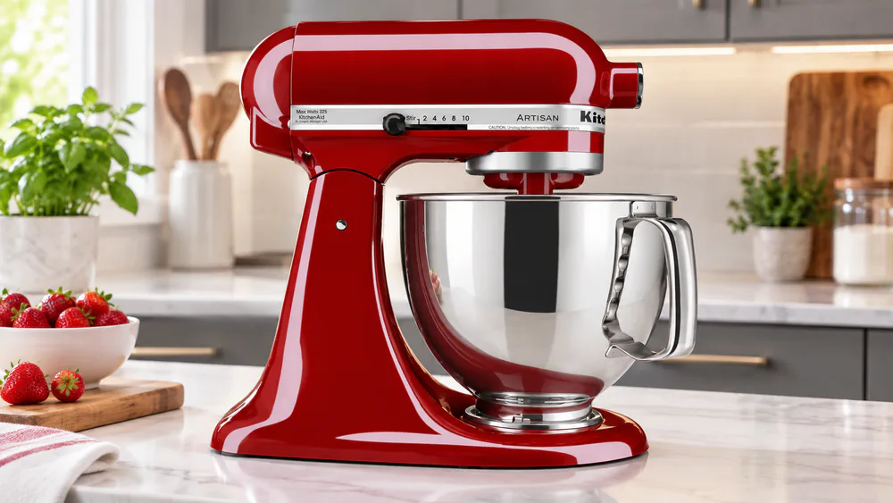 A deep glossy Empire Red KitchenAid Artisan stand mixer on a white kitchen counter against gray cabinets