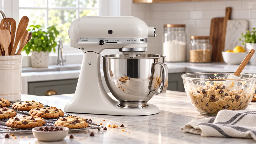 A KitchenAid Artisan tilt-head stand mixer on a busy family kitchen counter beside a bowl of cookie dough and a cooling rack