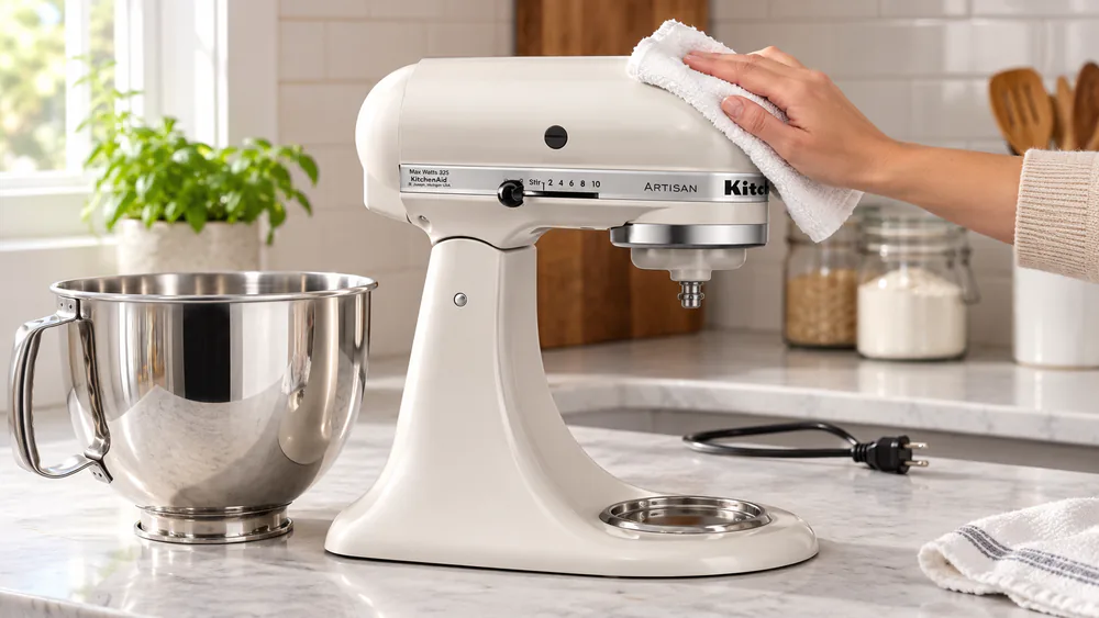A hand wiping the body of a KitchenAid Artisan stand mixer with a soft damp cloth after baking, unplugged, with the bowl removed