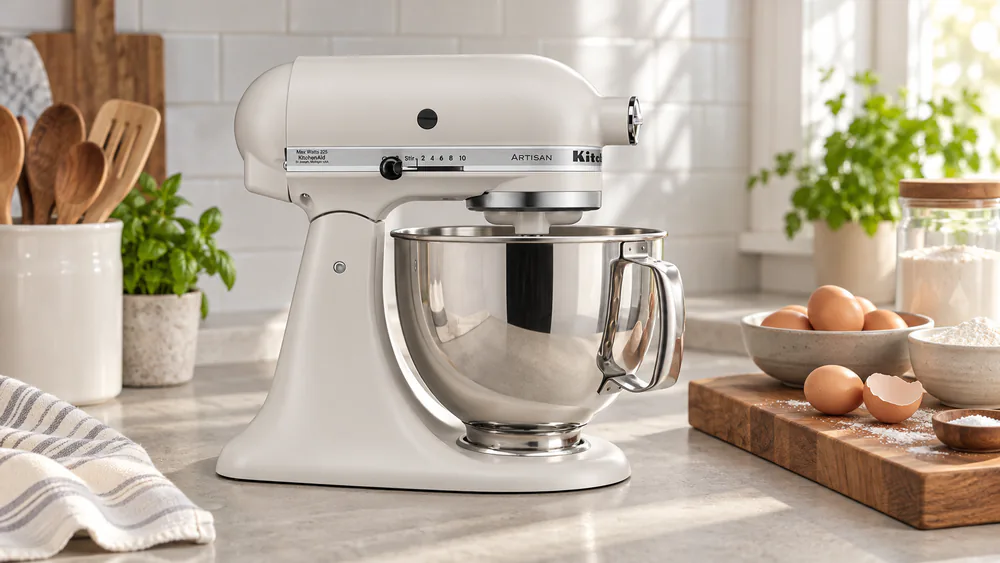 A muted off-white matte KitchenAid Artisan stand mixer in Milkshake beside a wooden cutting board on a greige kitchen counter