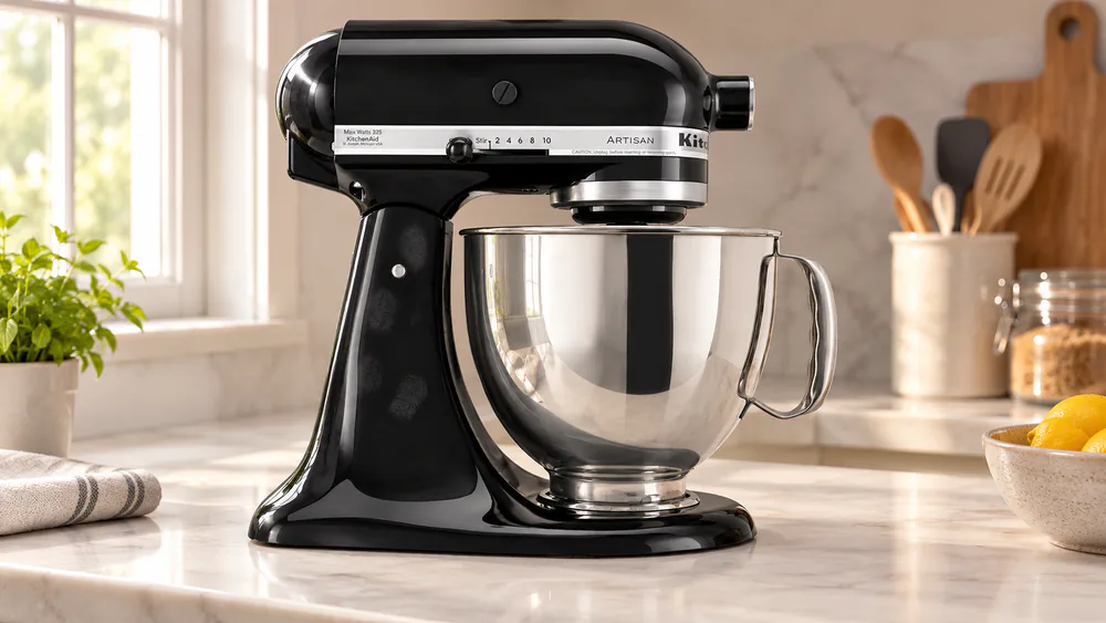 A glossy Onyx Black KitchenAid Artisan stand mixer on a light counter with faint fingerprints visible on the bowl-side body