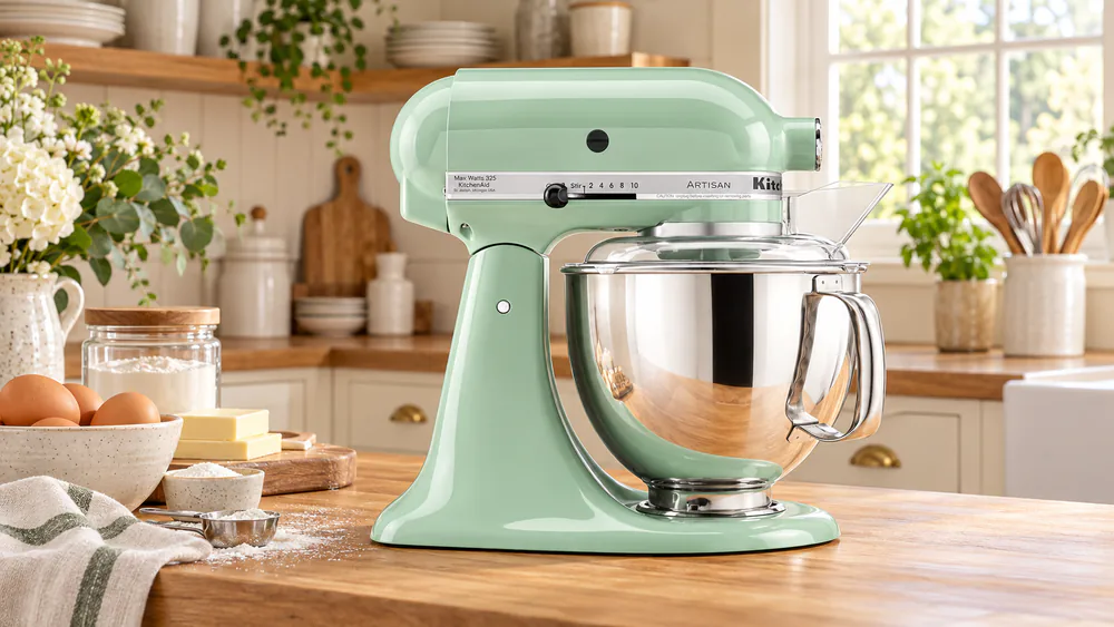 A soft glossy green Pistachio KitchenAid Artisan stand mixer on a wooden counter in a cream cottage-style kitchen with open shelves