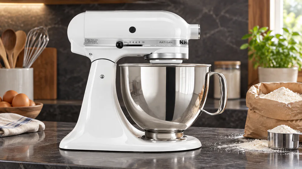 A glossy white KitchenAid Artisan stand mixer on a dark stone countertop with a bag of flour beside it
