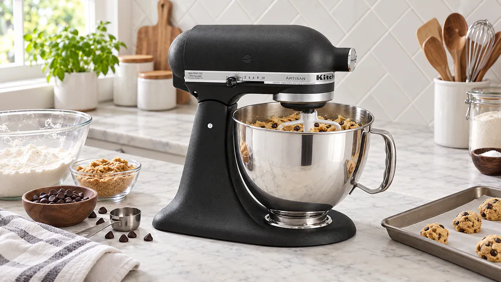 The KitchenAid Artisan 5-quart tilt-head mixer creaming cookie dough with the flat beater, head lowered and locked, and bowl in place
