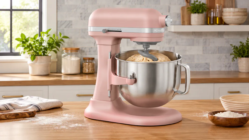 The KitchenAid 7-quart bowl-lift mixer with the bowl raised and a spiral dough hook kneading a large mass of bread dough