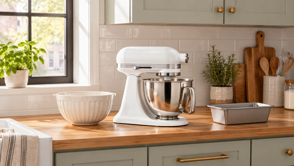 The KitchenAid Artisan Mini 3.5-quart tilt-head mixer on a narrow apartment kitchen counter beside a mixing bowl and a single loaf pan