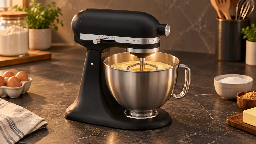 The KitchenAid Artisan Plus 5-quart tilt-head mixer with its integrated bowl light switched on over a bowl of cake batter