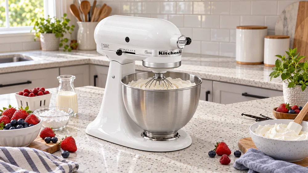 The white KitchenAid Classic 4.5-quart tilt-head mixer whipping cream in its stainless steel bowl on a kitchen counter