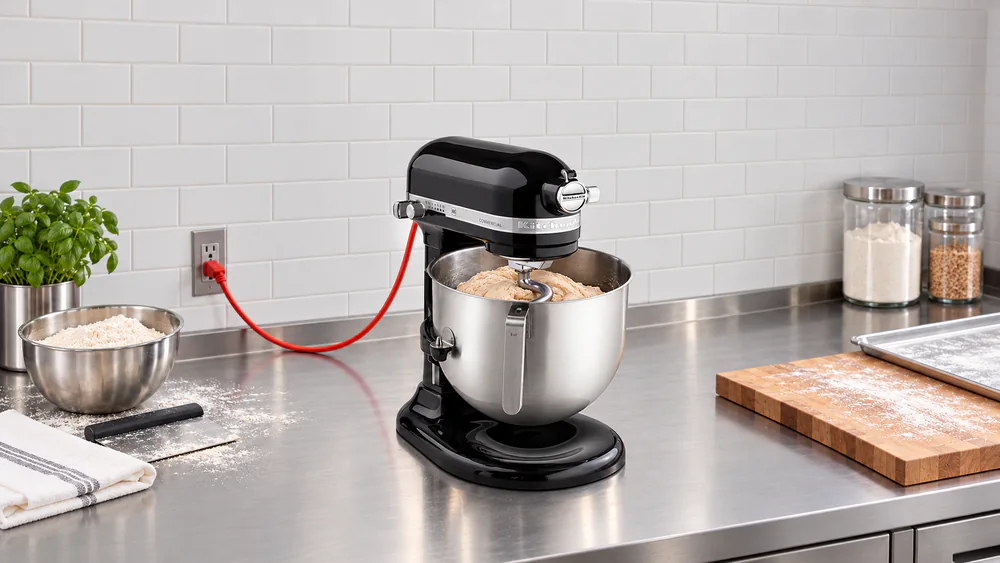The KitchenAid Commercial 8-quart bowl-lift mixer with a stainless steel spiral dough hook working a large double batch of stiff dough