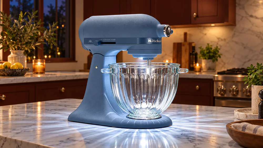 The KitchenAid Design Series Luminaire in Blue Peppercorn with its fluted glass bowl lit from within on a styled kitchen countertop