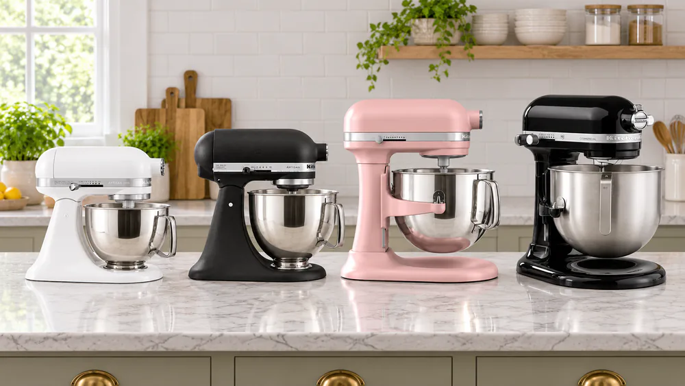 Four KitchenAid mixers from the 3.5-quart Mini to the 8-quart Commercial arranged by size on a kitchen counter for scale
