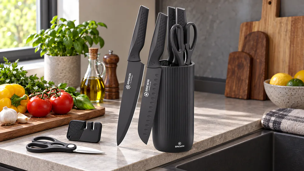 The slim Brewin universal block with its drainage holes on a narrow counter edge, holding the chef's knife and santoku.