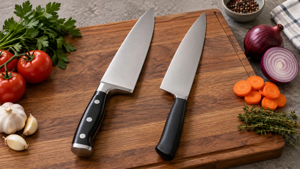 Two chef's knife blades side by side, one forged with a full bolster and one stamped with a lighter handle, edge-up on a cutting board.