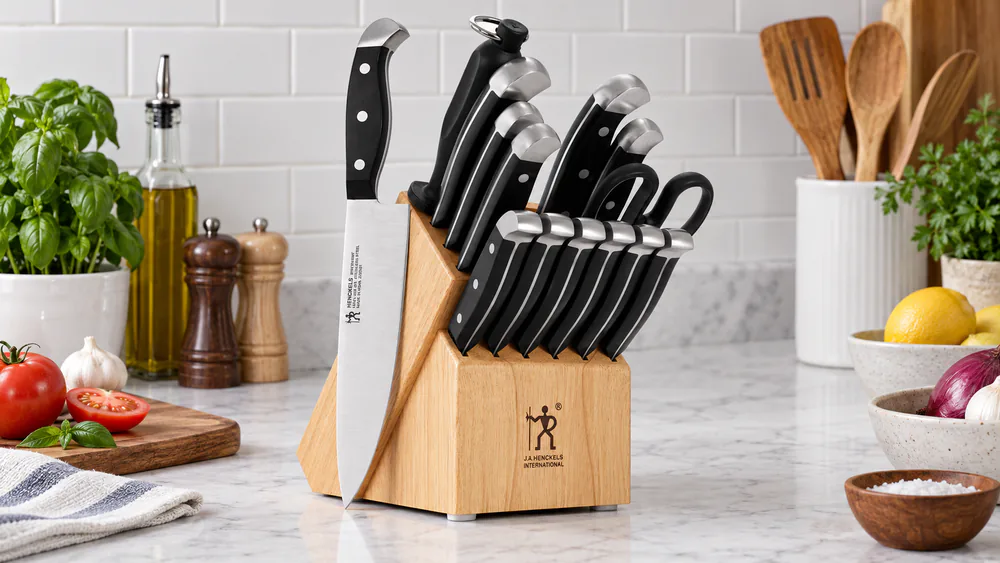 The HENCKELS Statement 15-piece knife block set on a kitchen counter, the 14-slot block holding a chef's knife, bread knife, and steak knives.