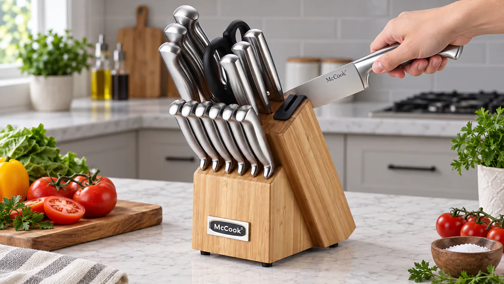 A hand pulling a McCook chef's knife through the built-in sharpening slot at the back of the wood block.
